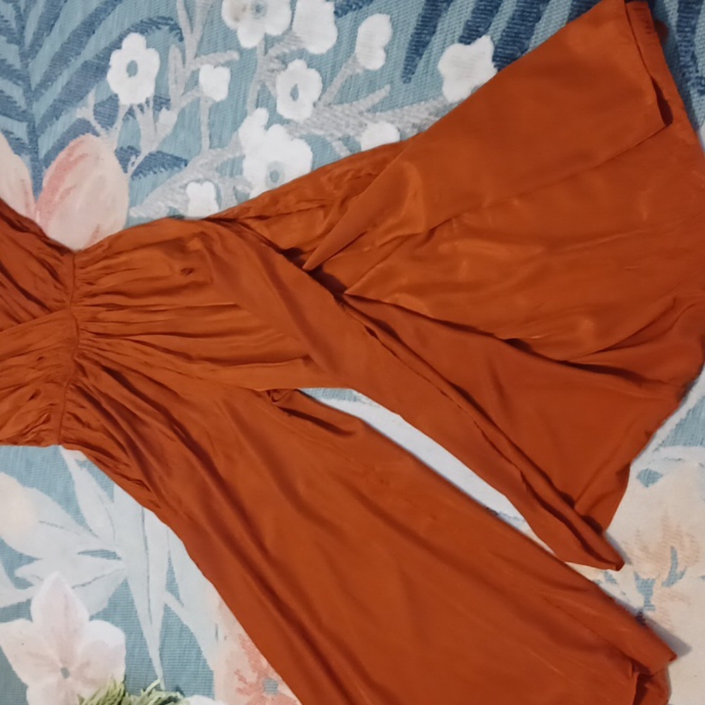 Mustard Seed Sz M,Terracotta, Silk Like Jumpsuit. Elasticized Waist. Feminine - Picture 7 of 9